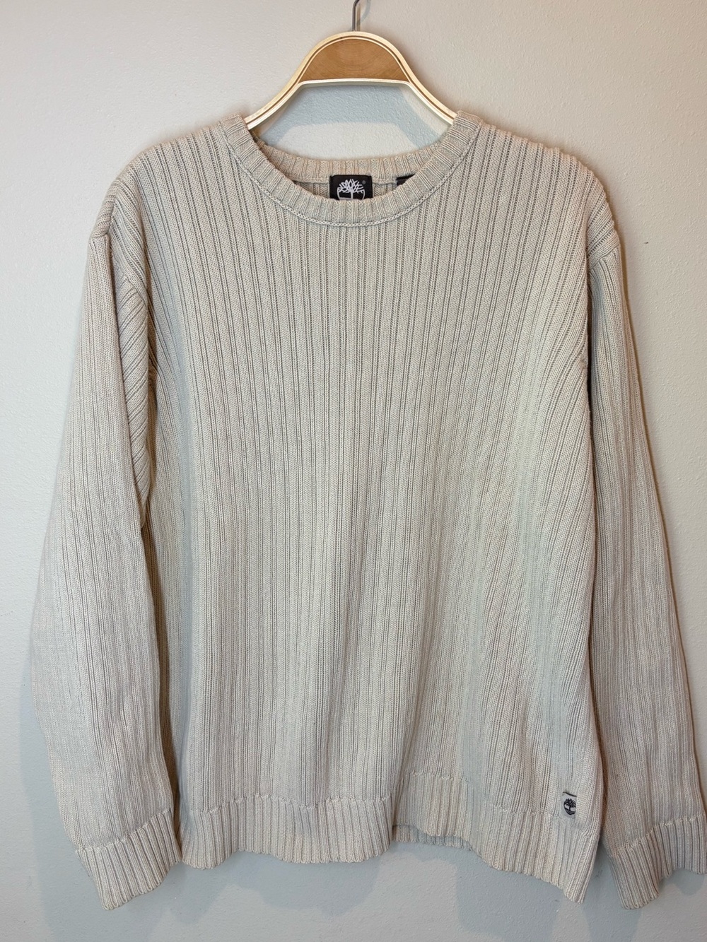 Timberland Men's Cream Ribbed Crewneck Sweater, vintage 90s, large, 100% cotton